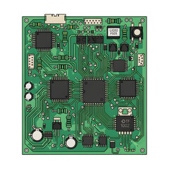 Green electronic printed circuit board with microchips and components.