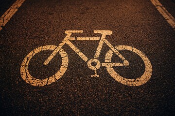 A worn bicycle lane symbol painted on asphalt under warm street lighting.