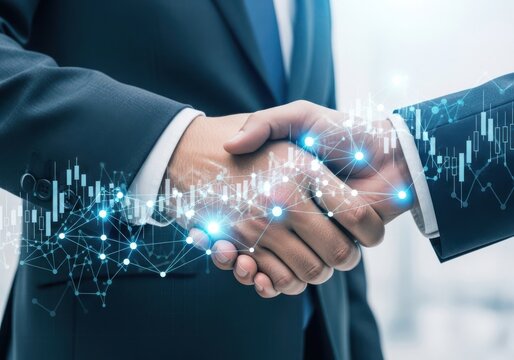 Businessmen shaking hands with digital network and financial charts