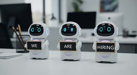 Robots Hiring Concept – Futuristic Recruitment Copy Space Poster, robot hiring, futuristic recruitment, AI hiring, recruitment poster, hiring concept, copy space design, robot workforce, digital hire
