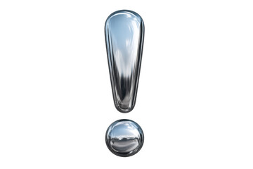 Exclamation mark symbol rendered in shiny chrome metal, representing attention, warning, and important information