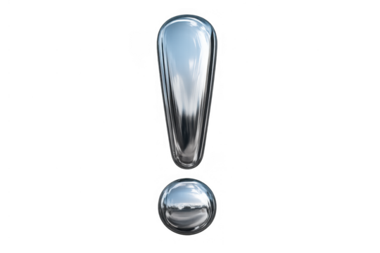 Exclamation mark symbol rendered in shiny chrome metal, representing attention, warning, and important information