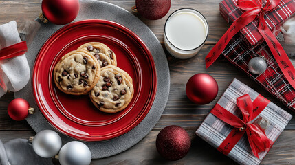 Flat lay of Christmas cookies and milk for Santa. Festive holiday tradition with gifts and decorations on a wooden table