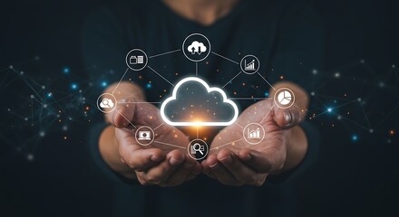 Hands holding a glowing cloud with connected icons representing data, analytics, and technology, symbolizing cloud computing and digital transformation
