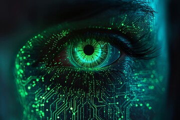 A glowing cybernetic eye with neon green circuitry patterns.