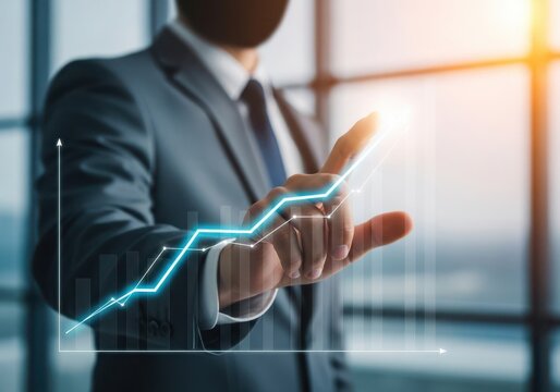 Businessman's hand touching glowing virtual financial graph data