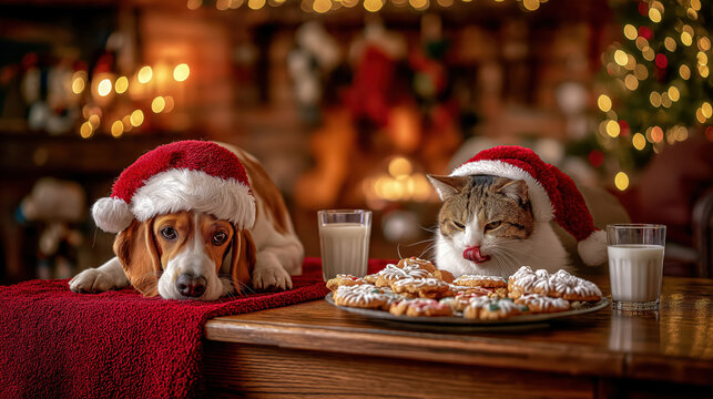 A festive beagle dog and tabby cat wearing Santa hats at a table with milk and cookies. Funny Christmas holiday scene with pets waiting for Santa.