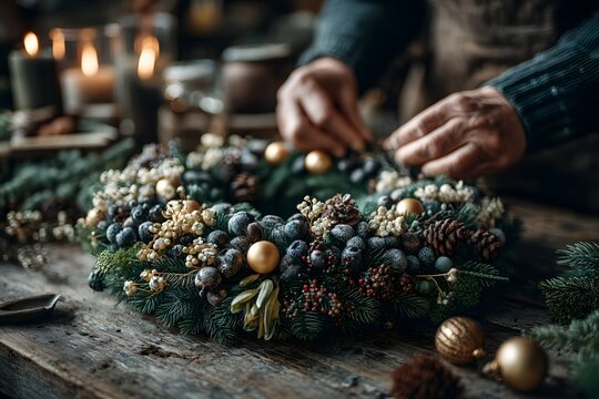 Person is decorating a wreath with pine cones and berries. The wreath is on a wooden table and has a festive, holiday feel to it