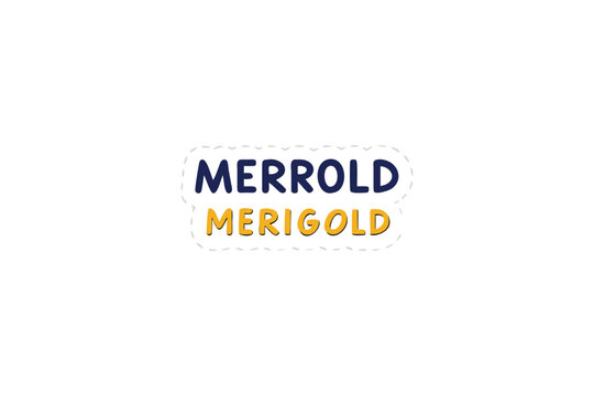 Creative Text Sticker Design Merrold Merigold Words Blue Yellow Outlines Dashed Border Isolated on White Background