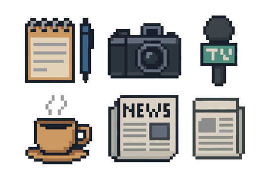 Collection of pixel art icons for journalism and news media, featuring a camera, microphone, newspaper, and notebook in a retro 8-bit video game style isolated on white