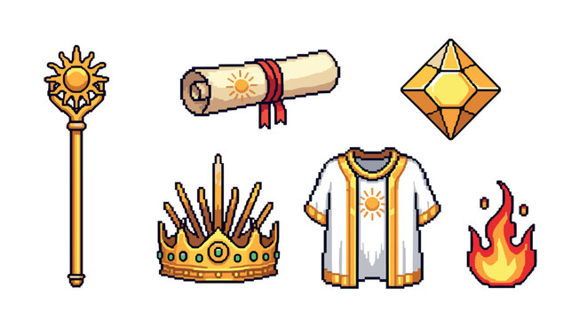Collection of pixel art fantasy RPG items including a sun scepter, crown, robe, scroll, gem, and fire spell, isolated for a video game asset pack