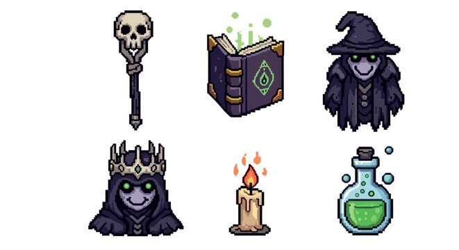 Collection of pixel art icons for a fantasy video game, featuring a necromancer, lich, skull staff, spellbook, potion, and candle, isolated
