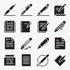 Writing and Editing Tools Glyph Icon Set, Creative Content Creation Black Silhouette Vector Pack