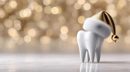 Festive tooth decoration with golden hat against a blurred background