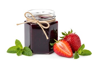 A jar of strawberry jam with fresh strawberries and mint leaves isolated on white background