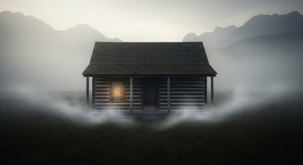 Rustic Cabin At Foggy Meadow Edge Cinematic Suspense Scene JPG