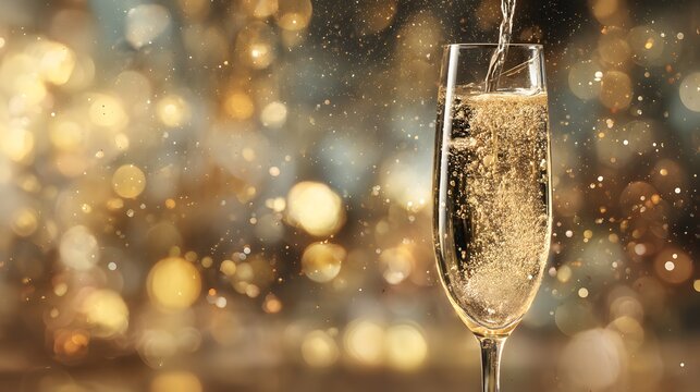 Glass of champagne is poured into a champagne flute. The bubbles in the champagne are rising to the top of the glass. Concept of celebration and joy