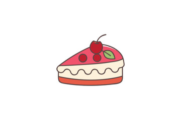Delicious Cherry Cake Slice Illustration with Pink Frosting and Red Cherries on a White Background Perfect for Dessert Menus and Sweet Treats