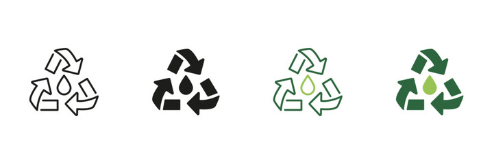 Obraz premium Recycling Symbol With Water Drop Line And Solid Icon Set. Water Conservation And Sustainable Resource Management Outline And Silhouette Symbol Collection. Isolated Vector Illustration