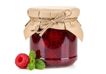 A jar of raspberry jam with fresh raspberries and mint leaves isolated on white background