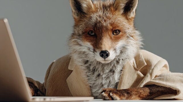 A fox works at a laptop, a desk. Against a simple, bright background. A real photo. In a business suit.