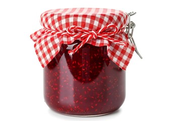 Homemade raspberry jam in a glass jar with a red and white checkered fabric lid, isolated on white background