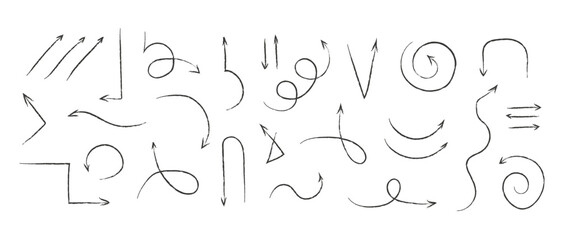 Set of hand drawn sketch arrow icon different shape line pointer for infographic element. Collection of direction symbols. Cursor Vector illustration