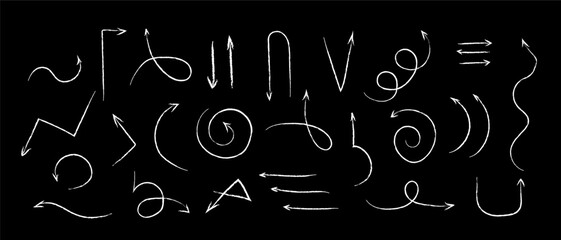 Hand drawn chalk effect arrow cursor collection on black background. Sketch style pointer direction sign. Doodle ink symbol vector isolated illustration