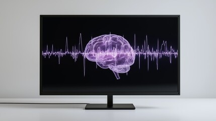 3D CGI visualization of purple brain waves displayed on a monitor against a white backdrop