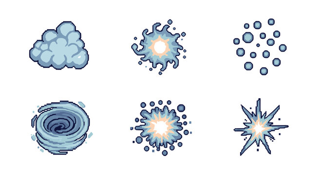 Collection of pixel art special effects for video games, featuring smoke, water splash, bubbles, a wind vortex, and explosion sprites isolated