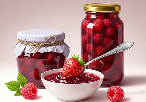 Two jars of raspberry jam, one open with a spoon and fresh berries, a bowl of jam and a strawberry on the side