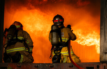 Two firefighters in full protective gear work together to extinguish a massive blaze