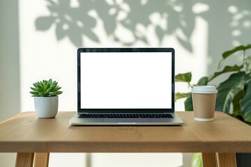 Laptop with blank screen on wooden table with plant and coffee cup for mockup
