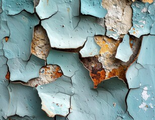 Close-up of old cracked light blue paint peeling off a weathered wall texture grunge background
