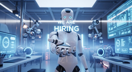 Robots Hiring Concept – Futuristic Recruitment Copy Space Poster, robot hiring, futuristic recruitment, AI hiring, recruitment poster, hiring concept, copy space design, robot workforce, digital hire
