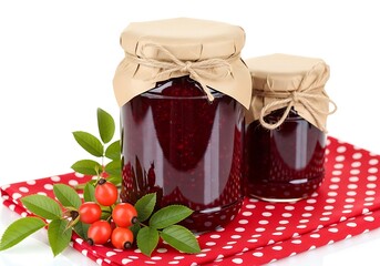 Two jars of homemade raspberry jam with fresh berries and green leaves, isolated on white background
