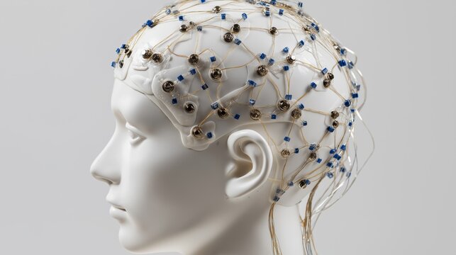 Realistic representation of EEG electrodes connected to a medical mannequin head with a clean white background