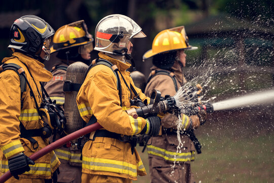 A group of firefighters uses high-pressure hoses to battle a massive blaze