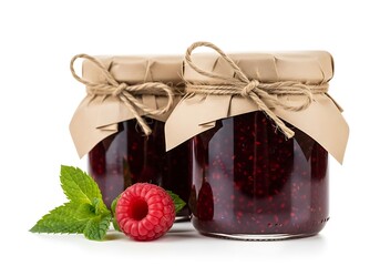 Two jars of homemade raspberry jam with fresh raspberry and mint leaves, isolated on white background