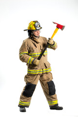 A firefighter in full turnout gear stands confidently with a rescue axe