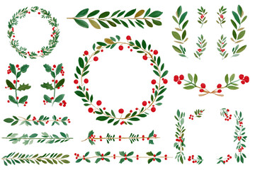 Hand-painted holly and berry Christmas decorations set