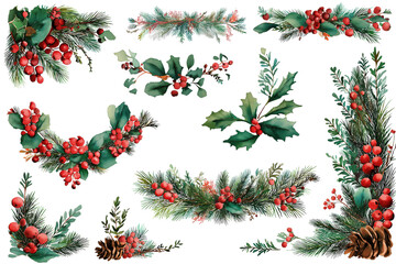 Fototapeta na wymiar Watercolor Christmas decorations for corners and borders