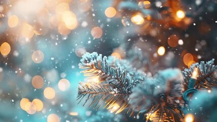 Snow Falling on Christmas Tree Branch with Warm Holiday Lights - Powered by Adobe