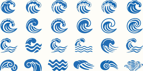 Collection of stylized blue wave icons and symbols in a repeating pattern on a white background