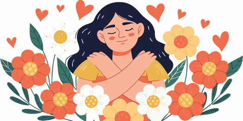 Woman embracing herself surrounded by flowers and hearts symbolizing self love and well being