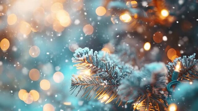 Snow Falling on Christmas Tree Branch with Warm Holiday Lights