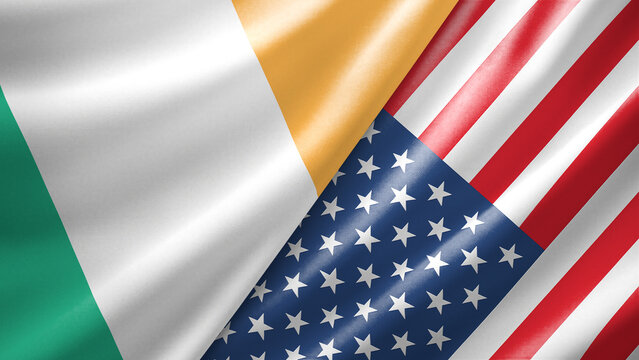 Ireland and United States of America two national flags filling the entire frame, close-up view, edge-to-edge composition