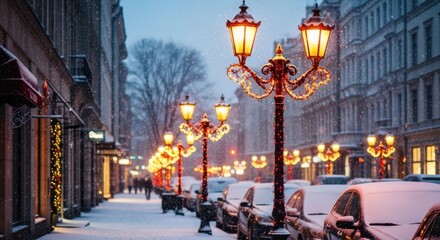 Cozy Winter Street Scene Illuminated by Warm Lampposts and Festive Lights