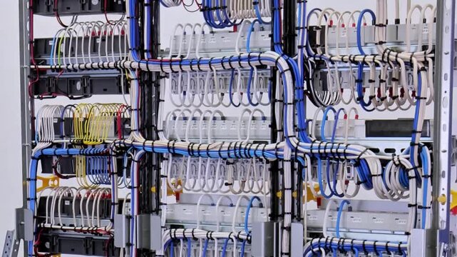 The reverse side of the electrical switchboard. The connected wires are tied with plastic ties.