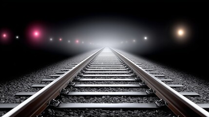 Railway tracks disappearing into the fog at night create a mysterious landscape